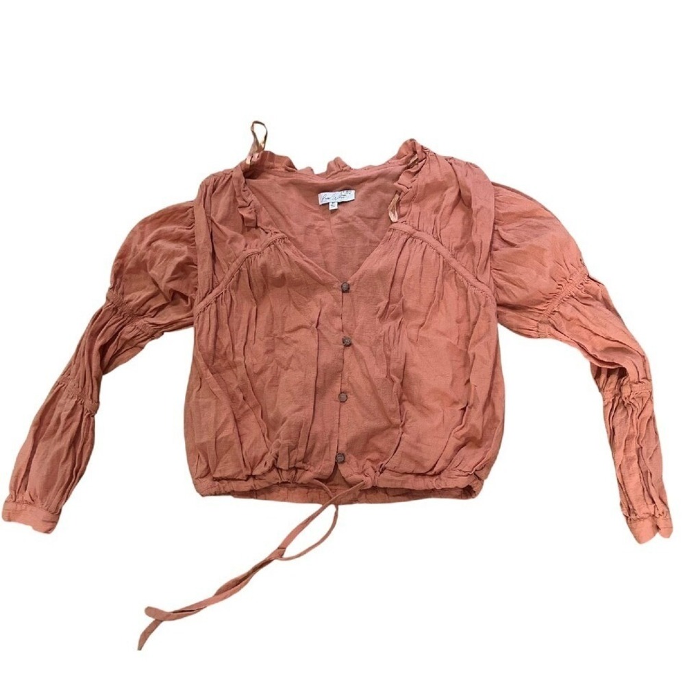 Love, Whit Peasant Blouse Ruffle Trim Long Sleeve Tie Front Top Size M‎